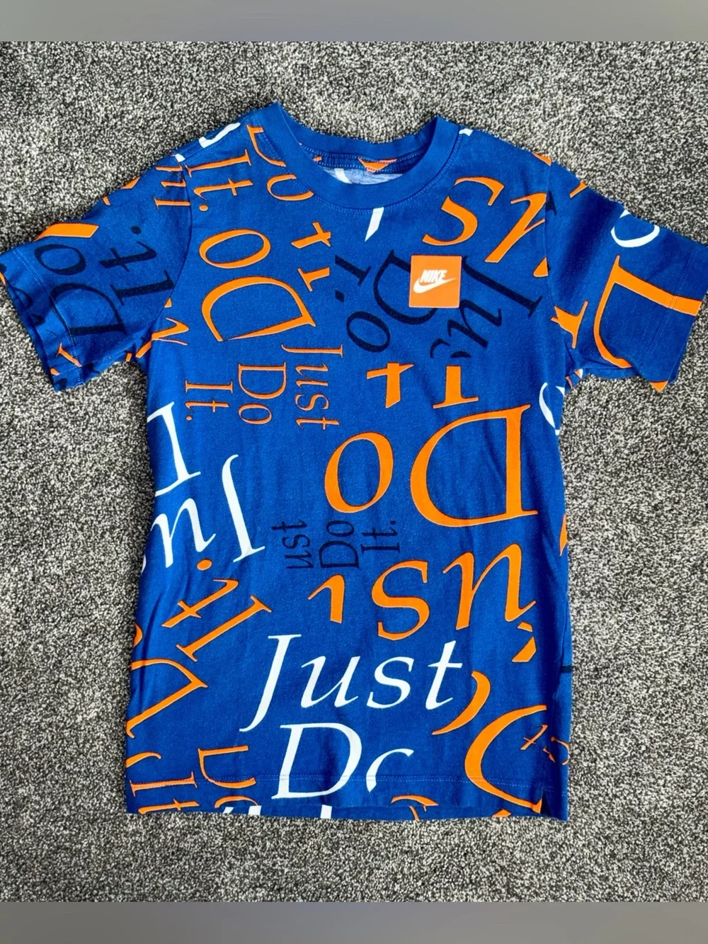 Nike Blue Short-Sleeve Tee w/Orange Graphic Letters | Boys MED